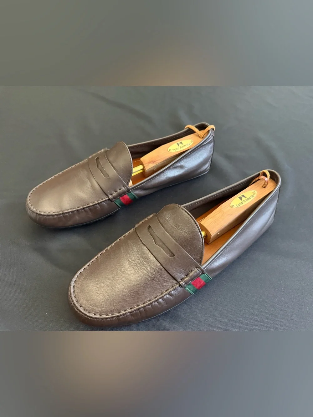 Classic Brown Gucci Leather Penny Loafers with Green-Red Accent Gucci Size 12D